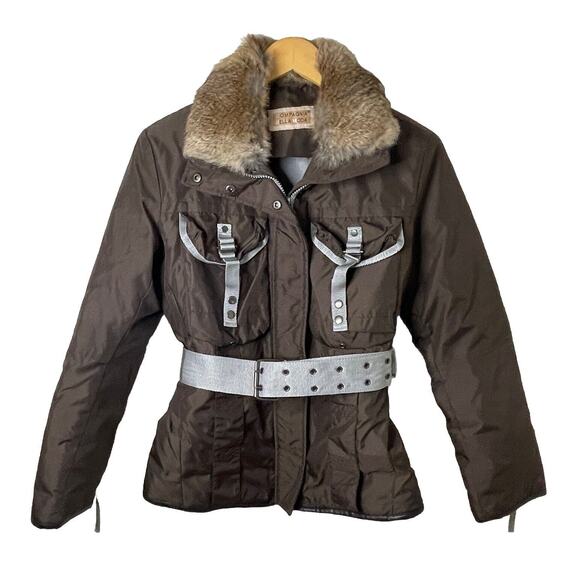 Compagnia Della Moda Brown Down Jacket Rabbit Fur Collar Women XS/S Alps Skiing - Picture 1 of 16